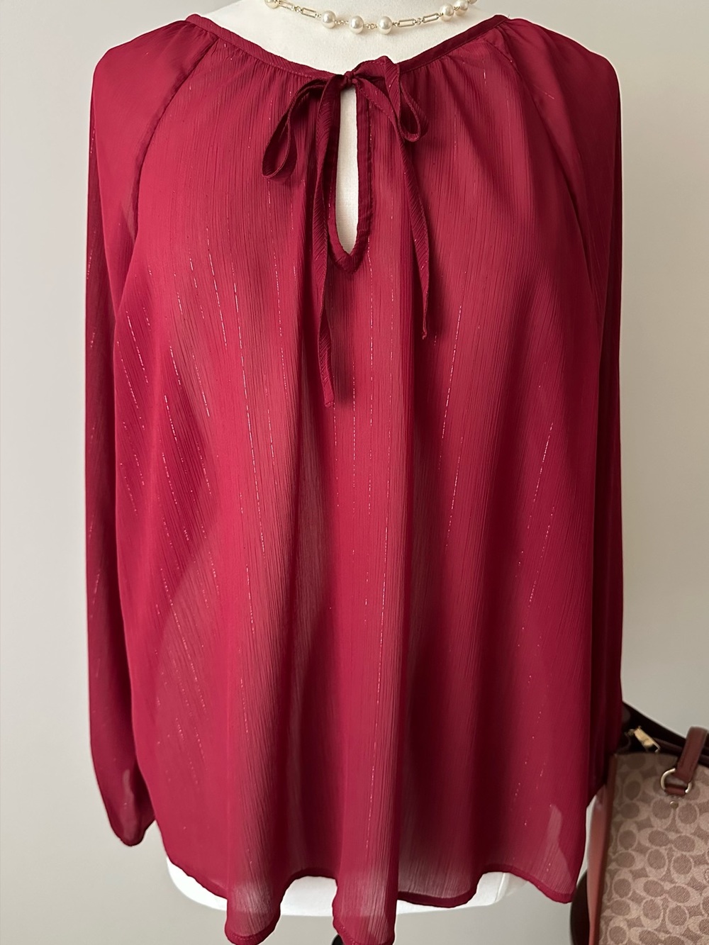 Torrid Sheer Tie-Neck Burgundy Blouse with Subtle Metallic Thread